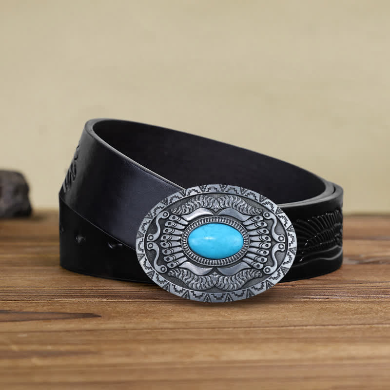 Men's DIY Indian Shield Turquoise Buckle Leather Belt - Turquoise - Black Embossed Eagle Belt (38) - image 4