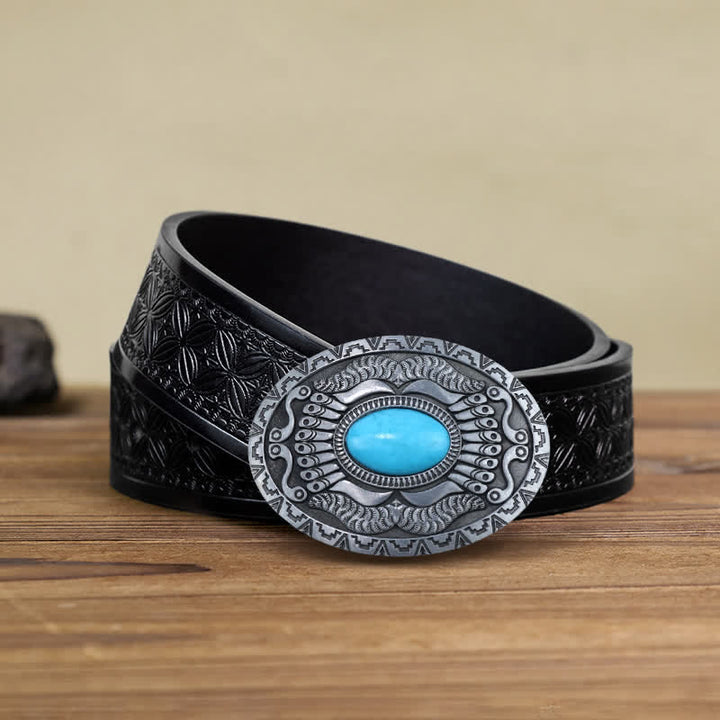 Men's DIY Indian Shield Turquoise Buckle Leather Belt - Turquoise - Black Embossed Weave Belt (38) - image 5