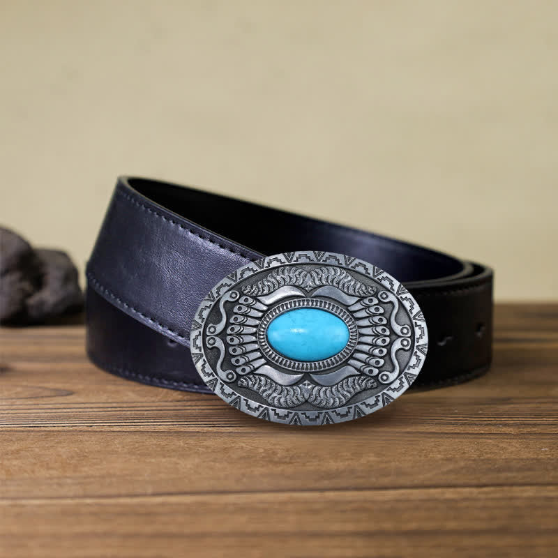 Men's DIY Indian Shield Turquoise Buckle Leather Belt - Turquoise - Black PU Belt (40) - image 3