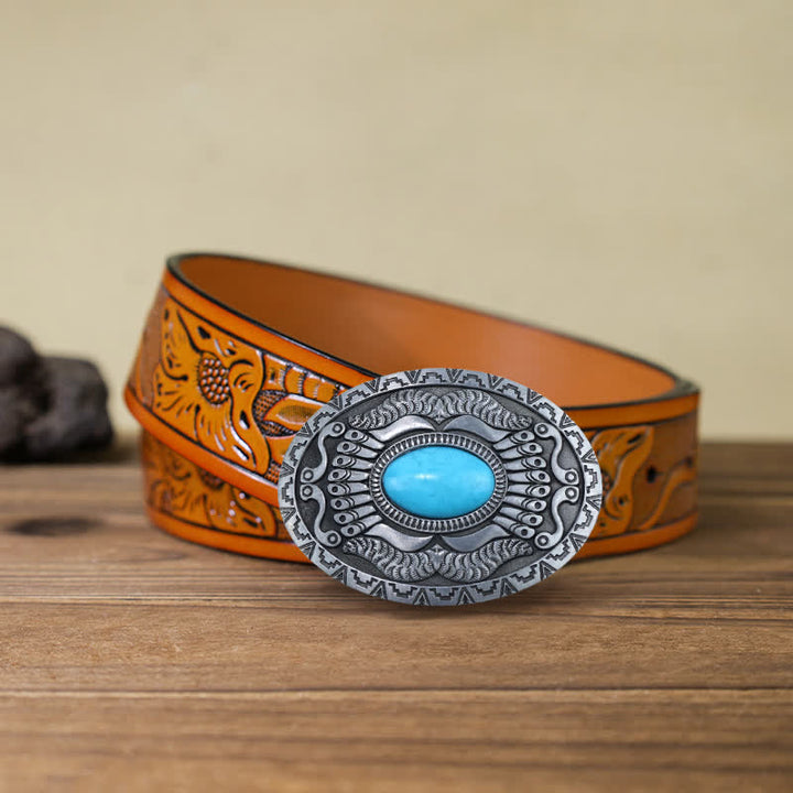 Men's DIY Indian Shield Turquoise Buckle Leather Belt - Turquoise - Orange Carved Belt (40) - image 9