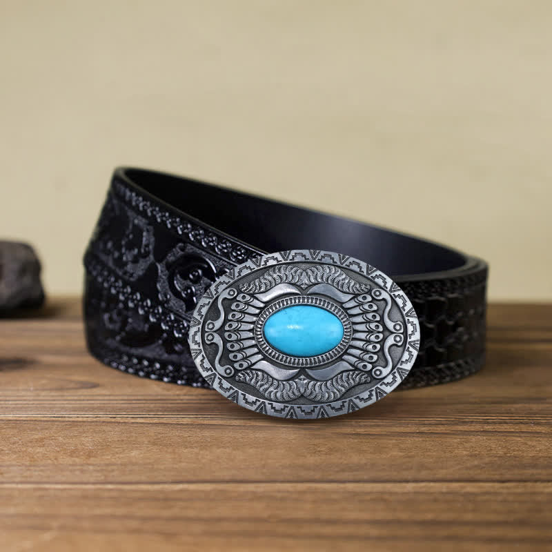 Men's DIY Indian Shield Turquoise Buckle Leather Belt - Turquoise - Black Carved Belt (40) - image 6