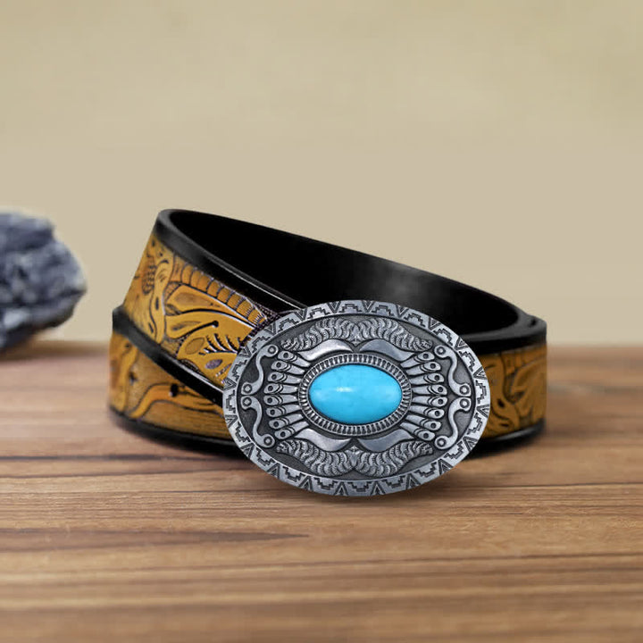 Men's DIY Indian Shield Turquoise Buckle Leather Belt - Turquoise - SandyBrown Belt (40) - image 8