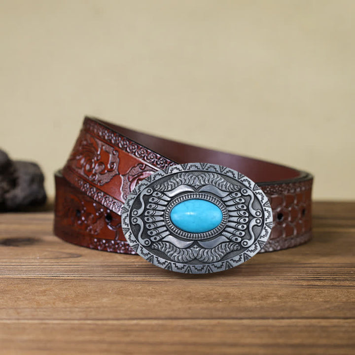 Men's DIY Indian Shield Turquoise Buckle Leather Belt - Turquoise - Brown Carved Belt (40) - image 7