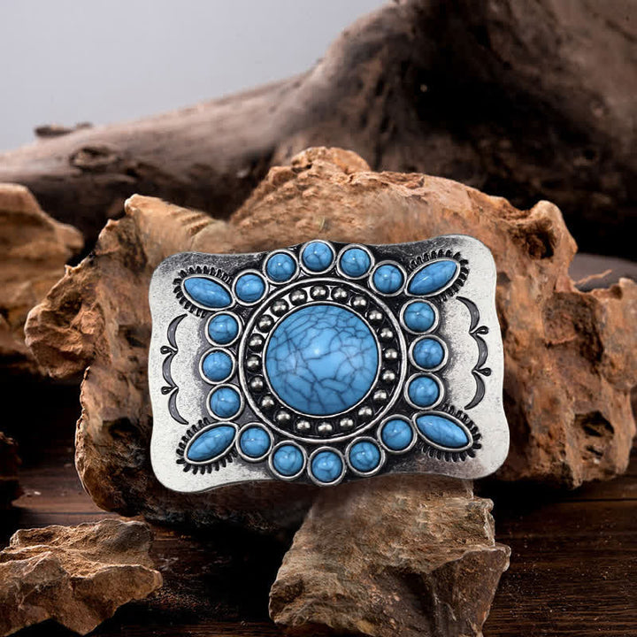 Men's DIY Rectangular Turquoise Stone Buckle Leather Belt - Turquoise - Without Belt - image 0