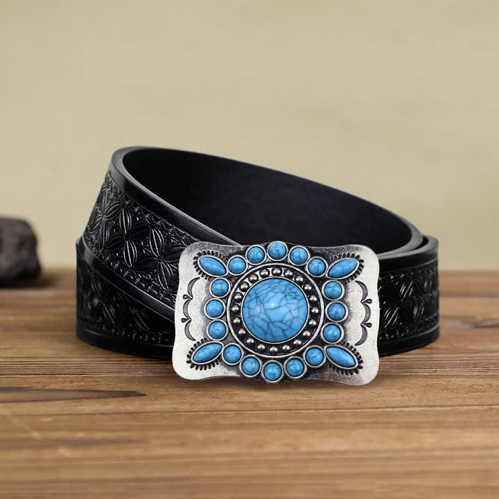 Men's DIY Rectangular Turquoise Stone Buckle Leather Belt - Turquoise - Black Embossed Weave Belt (38) - image 5