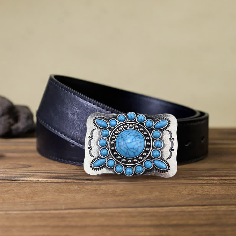 Men's DIY Rectangular Turquoise Stone Buckle Leather Belt - Turquoise - Black PU Belt (40) - image 3