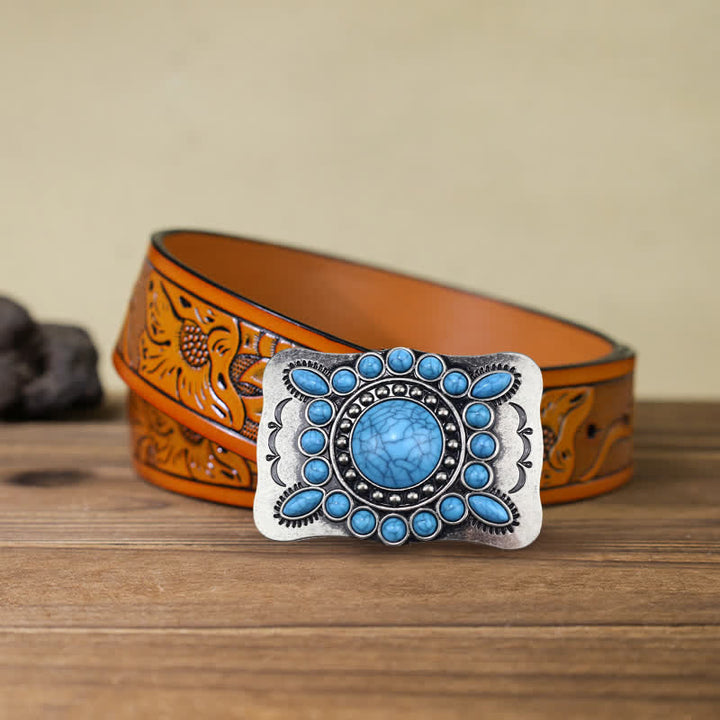 Men's DIY Rectangular Turquoise Stone Buckle Leather Belt - Turquoise - Orange Carved Belt (40) - image 9