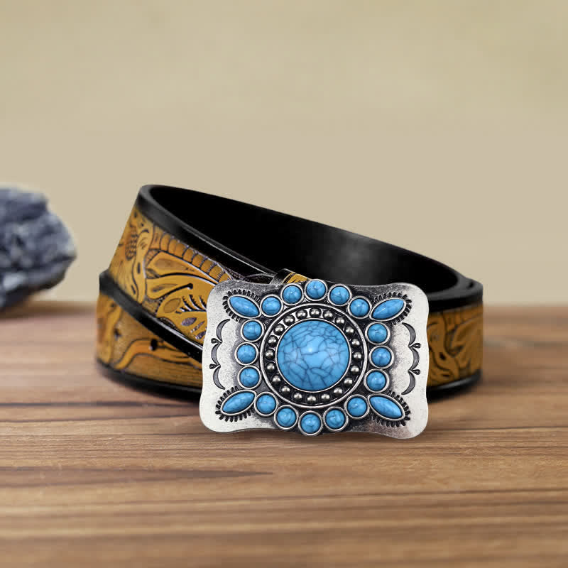 Men's DIY Rectangular Turquoise Stone Buckle Leather Belt - Turquoise - SandyBrown Belt (40) - image 8