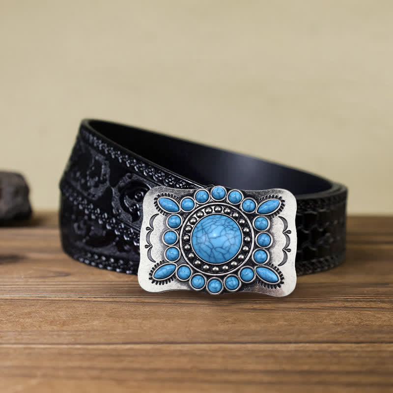 Men's DIY Rectangular Turquoise Stone Buckle Leather Belt - Turquoise - Black Carved Belt (40) - image 6