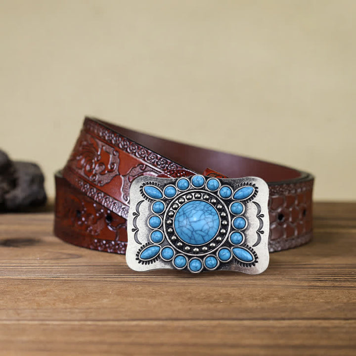 Men's DIY Rectangular Turquoise Stone Buckle Leather Belt - Turquoise - Brown Carved Belt (40) - image 7
