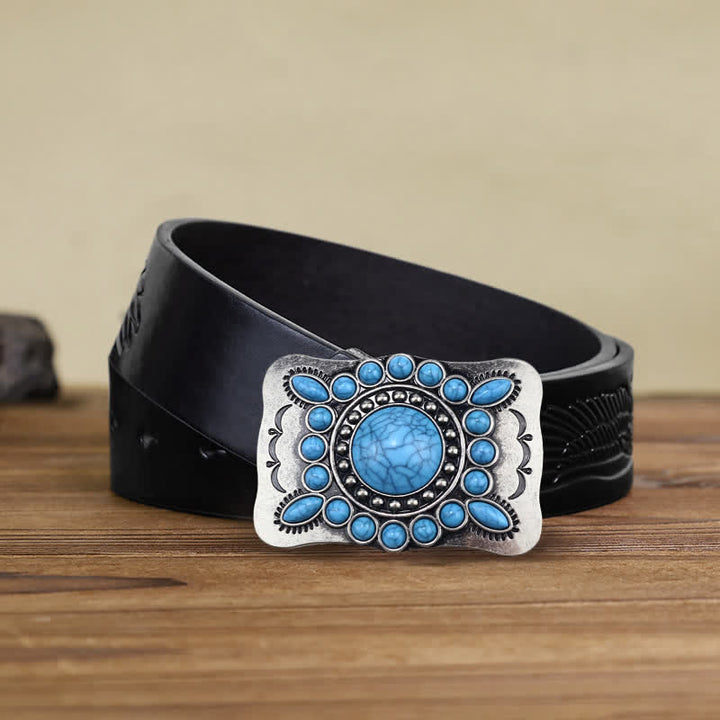 Men's DIY Rectangular Turquoise Stone Buckle Leather Belt - Turquoise - Black Embossed Eagle Belt (38) - image 4