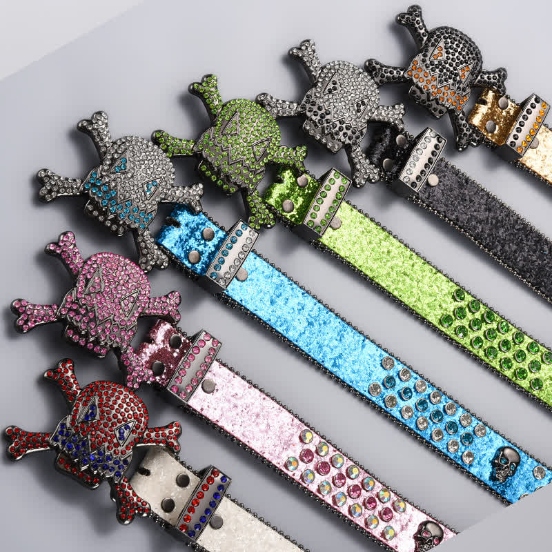 Skull Head Crystal Rhinestone Studded Leather Belt - image 1