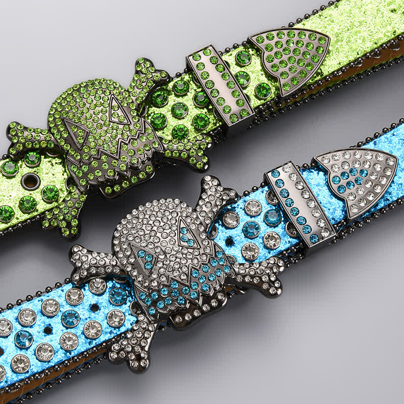 Skull Head Crystal Rhinestone Studded Leather Belt - image 2