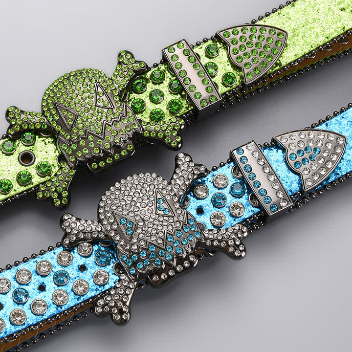 Skull Head Crystal Rhinestone Studded Leather Belt - image 2