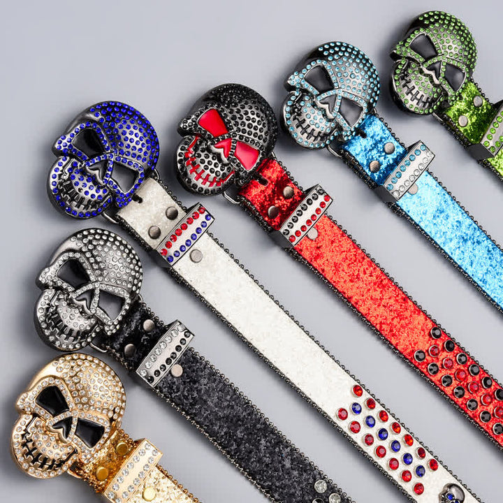 Punk Death Ghost Rhinestone Beaded Leather Belt - image 1