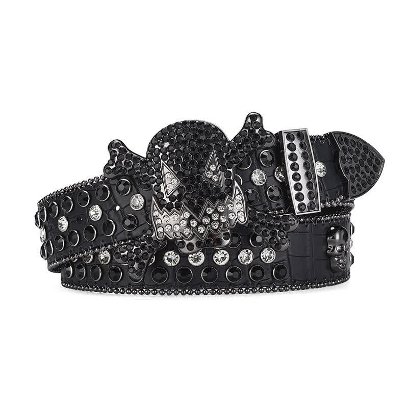 Rock Skull Rhinestone Beaded Decor Leather Belt - Black - 46 - image 0