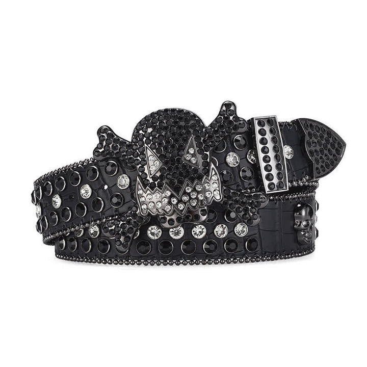 Rock Skull Rhinestone Beaded Decor Leather Belt - Black - 46 - image 0