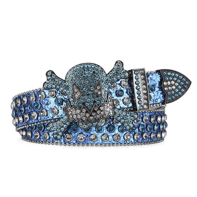Rock Skull Rhinestone Beaded Decor Leather Belt - Sky Blue - 46 - image 5