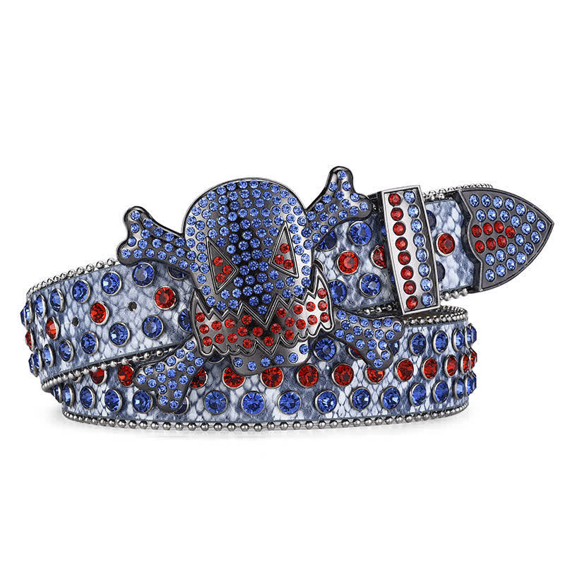 Rock Skull Rhinestone Beaded Decor Leather Belt - Blue - 46 - image 4