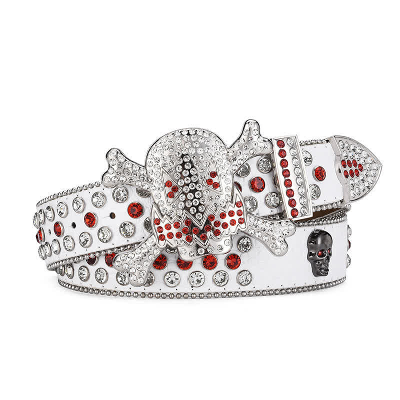 Rock Skull Rhinestone Beaded Decor Leather Belt - White - 46 - image 2
