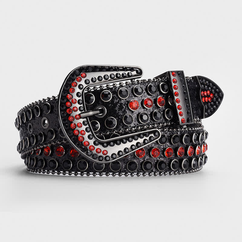 Shinning Rhinestone Crystal Studded Leather Belt - Black & Red - 34 - image 0