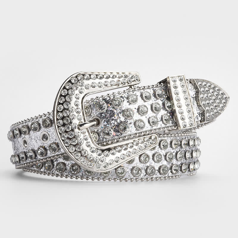 Shinning Rhinestone Crystal Studded Leather Belt - White - 34 - image 4