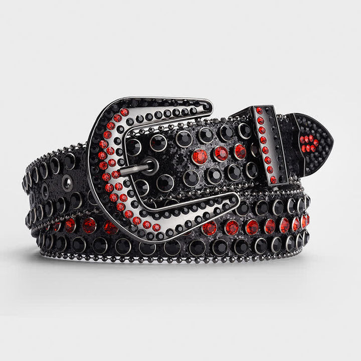 Shinning Rhinestone Crystal Studded Leather Belt - Black & Red - 34 - image 0