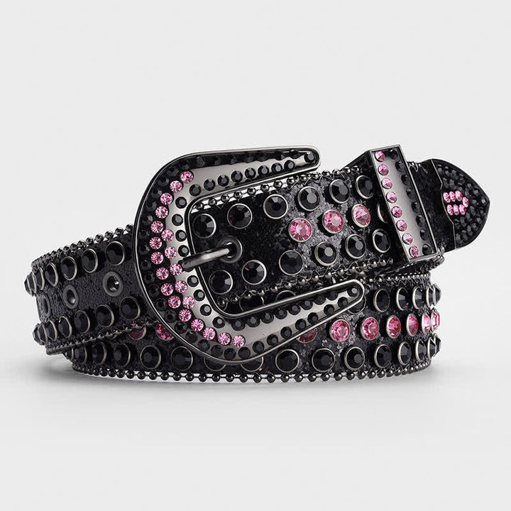 Shinning Rhinestone Crystal Studded Leather Belt - Black & Pink - 34 - image 3