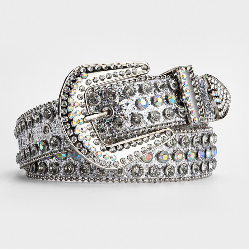 Shinning Rhinestone Crystal Studded Leather Belt - White & Colorful - 34 - image 7