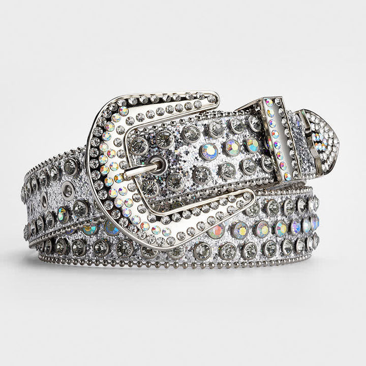 Shinning Rhinestone Crystal Studded Leather Belt - White & Colorful - 34 - image 7