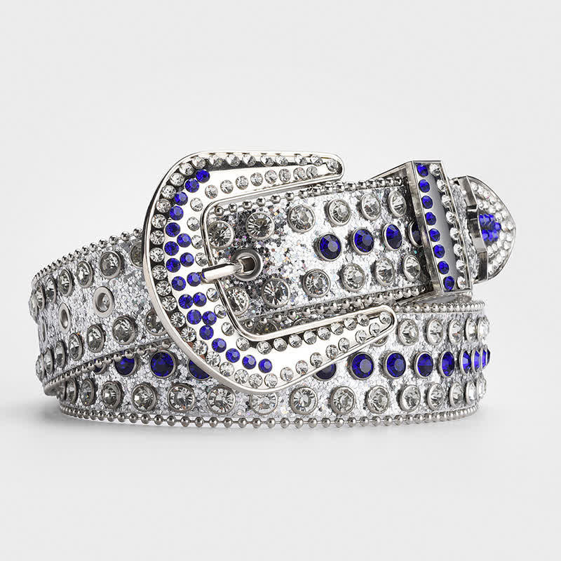 Shinning Rhinestone Crystal Studded Leather Belt - White & Blue - 34 - image 6