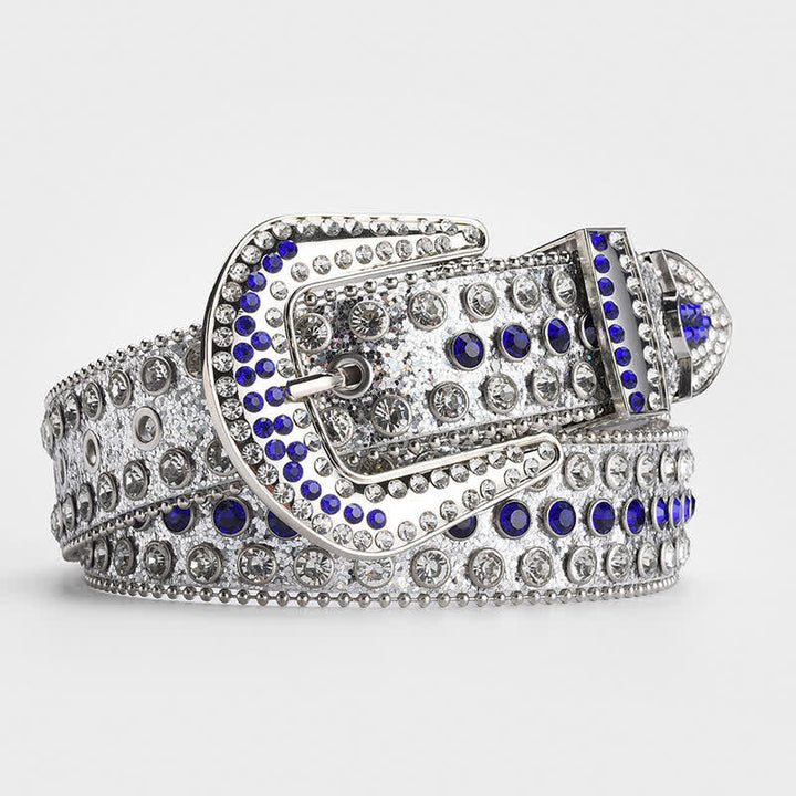 Shinning Rhinestone Crystal Studded Leather Belt - White & Blue - 34 - image 6