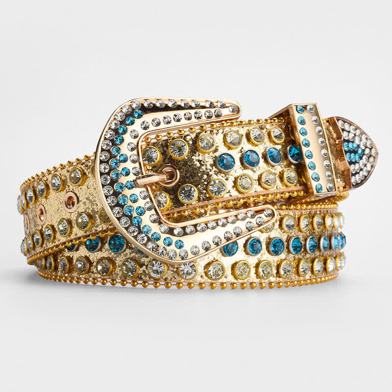 Shinning Rhinestone Crystal Studded Leather Belt - Gold & Blue - 34 - image 8