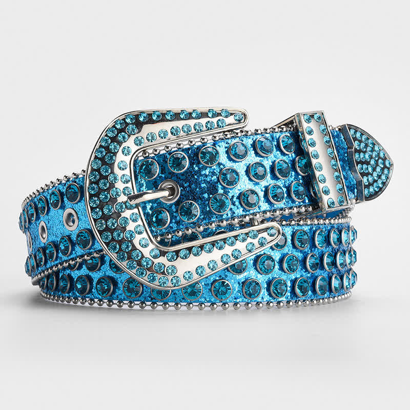 Shinning Rhinestone Crystal Studded Leather Belt - Blue - 34 - image 10