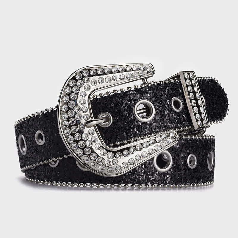 Dazzling Sequin Rhinestone Buckle Leather Belt - Black - 34 - image 0