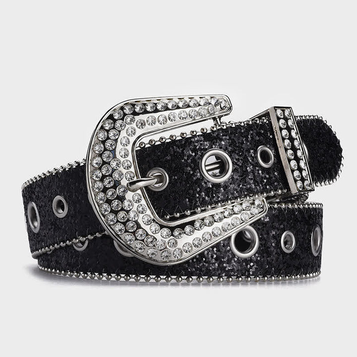 Dazzling Sequin Rhinestone Buckle Leather Belt - Black - 34 - image 0