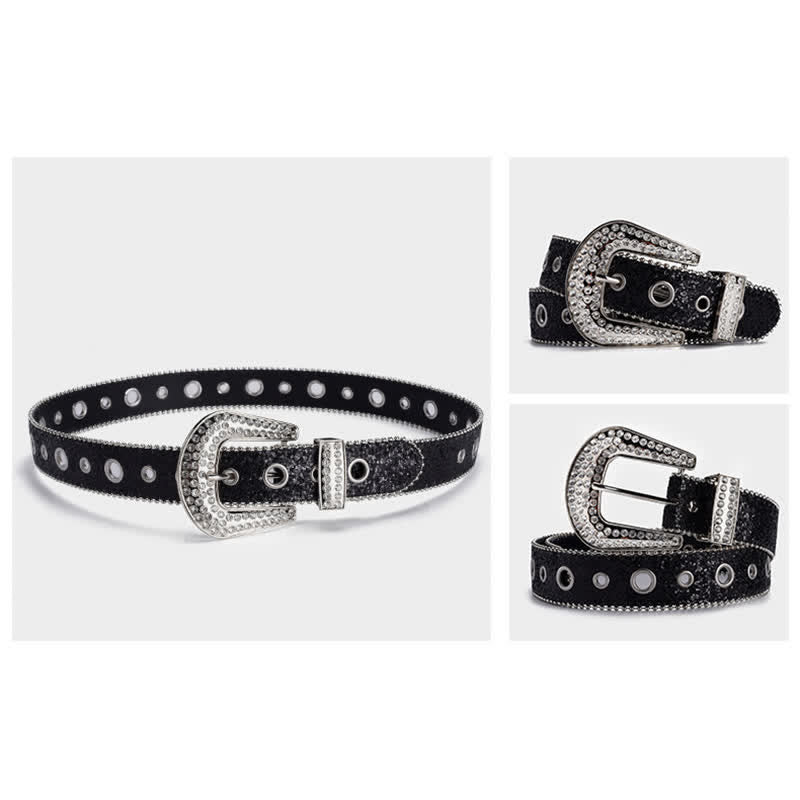 Dazzling Sequin Rhinestone Buckle Leather Belt - image 4