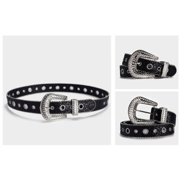 Dazzling Sequin Rhinestone Buckle Leather Belt - image 4