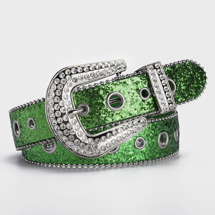 Dazzling Sequin Rhinestone Buckle Leather Belt - Green - 34 - image 6