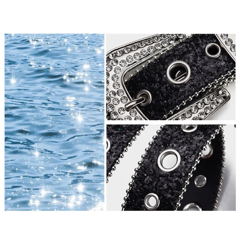 Dazzling Sequin Rhinestone Buckle Leather Belt - image 1