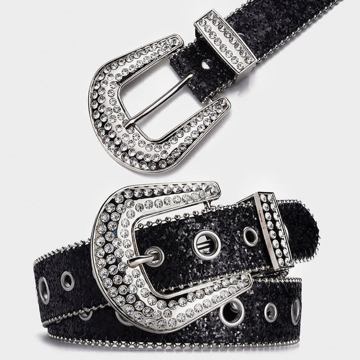 Dazzling Sequin Rhinestone Buckle Leather Belt - image 3