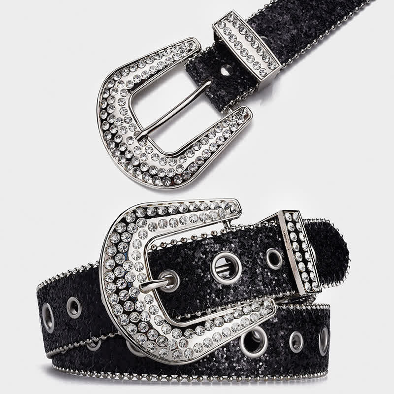 Dazzling Sequin Rhinestone Buckle Leather Belt - image 3