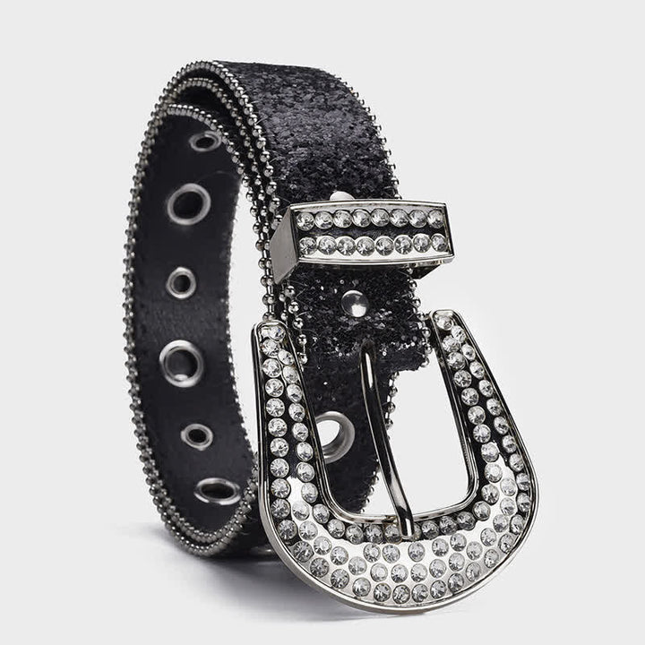 Dazzling Sequin Rhinestone Buckle Leather Belt - image 2