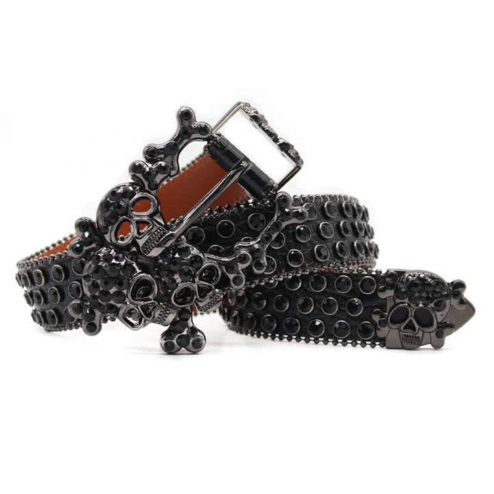 Black Skull Shape Buckle Rhinestone Studded Leather Belt - image 3