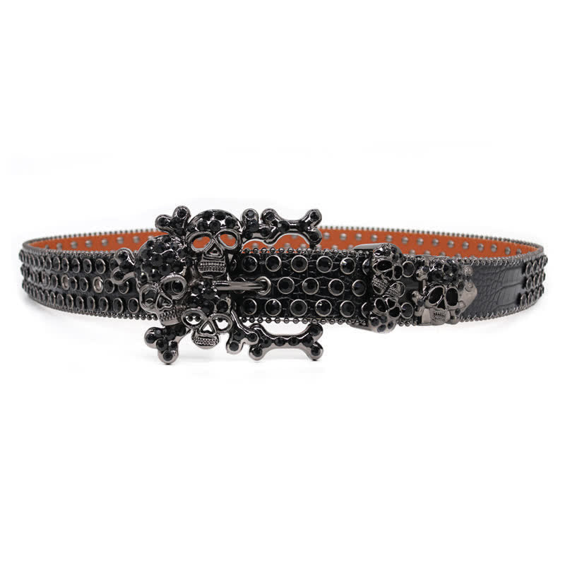 Black Skull Shape Buckle Rhinestone Studded Leather Belt - image 4