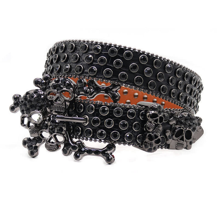 Black Skull Shape Buckle Rhinestone Studded Leather Belt - image 2