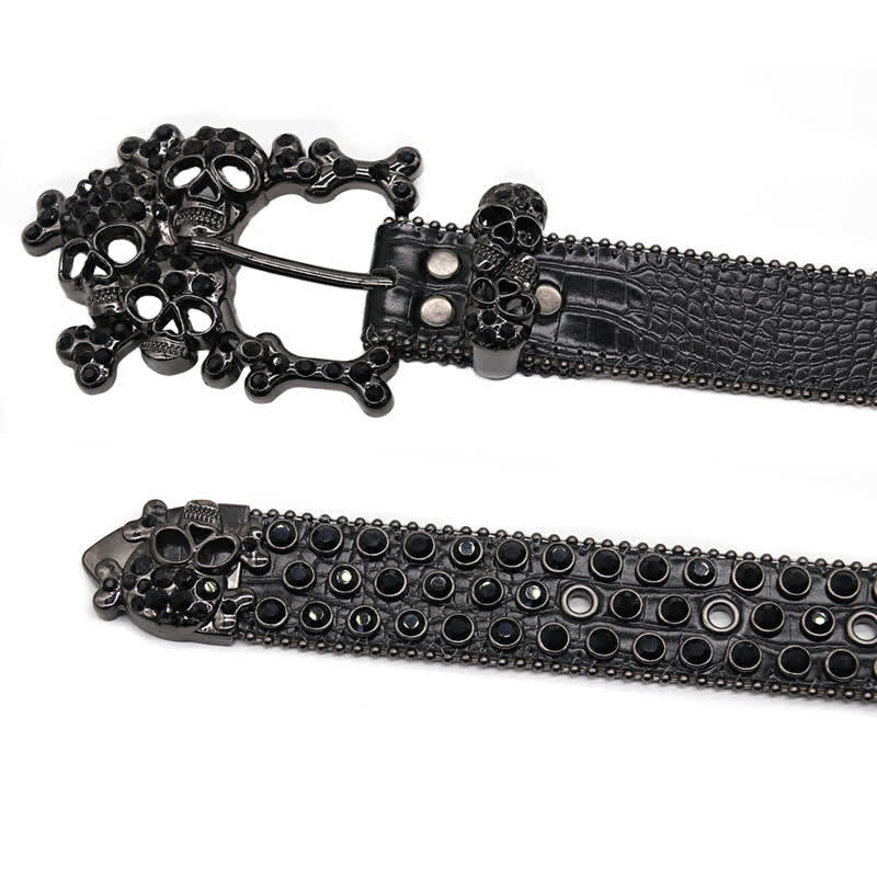 Black Skull Shape Buckle Rhinestone Studded Leather Belt - image 5
