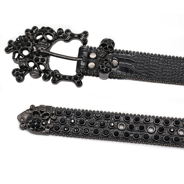 Black Skull Shape Buckle Rhinestone Studded Leather Belt - image 5