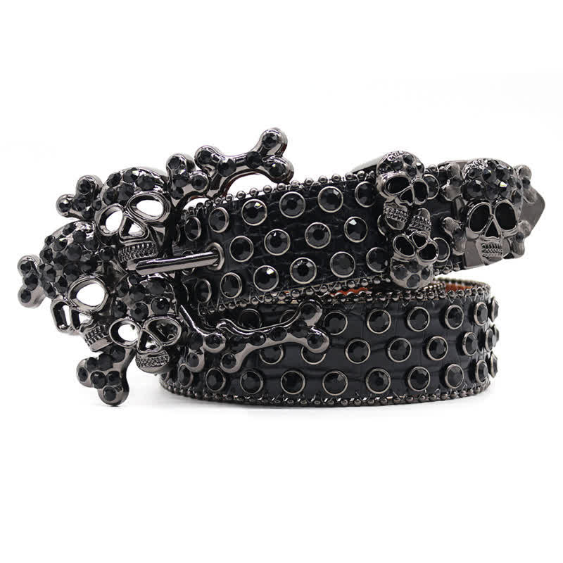 Black Skull Shape Buckle Rhinestone Studded Leather Belt - Black - 44 - image 0