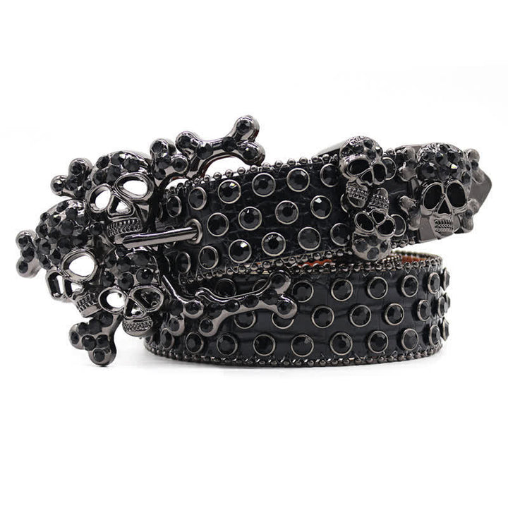 Black Skull Shape Buckle Rhinestone Studded Leather Belt - Black - 44 - image 0
